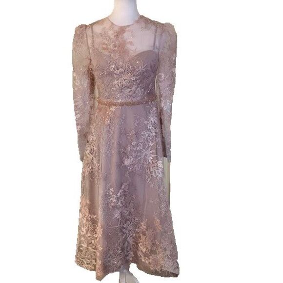 Mac Duggal 68020 Embellished Illusion Long Sleeve Midi Dress Size 24 NWOT PINK - Picture 4 of 8